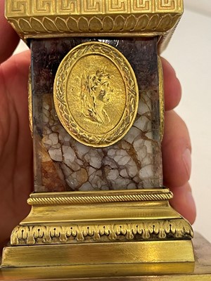 Lot 30 - A pair of George III Derbyshire Blue John and ormolu 'Cleopatra' candle vases