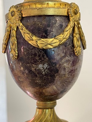 Lot 30 - A pair of George III Derbyshire Blue John and ormolu 'Cleopatra' candle vases