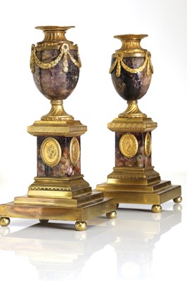Lot 30 - A pair of George III Derbyshire Blue John and ormolu 'Cleopatra' candle vases