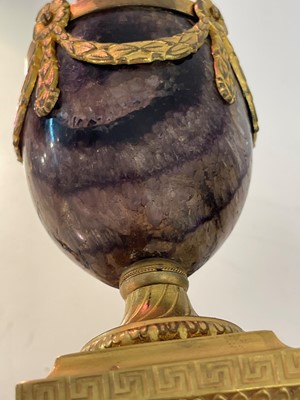 Lot 30 - A pair of George III Derbyshire Blue John and ormolu 'Cleopatra' candle vases