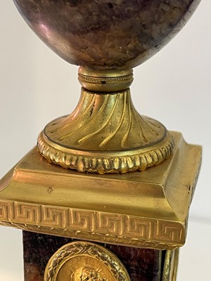 Lot 30 - A pair of George III Derbyshire Blue John and ormolu 'Cleopatra' candle vases