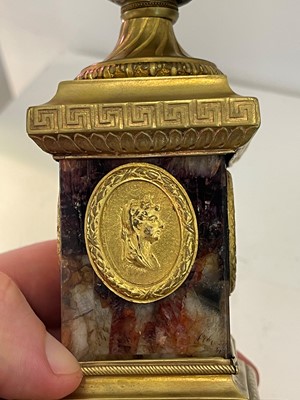 Lot 30 - A pair of George III Derbyshire Blue John and ormolu 'Cleopatra' candle vases