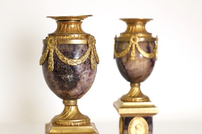 Lot 30 - A pair of George III Derbyshire Blue John and ormolu 'Cleopatra' candle vases