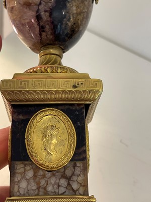 Lot 30 - A pair of George III Derbyshire Blue John and ormolu 'Cleopatra' candle vases