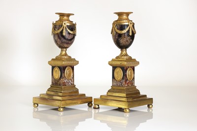 Lot 30 - A pair of George III Derbyshire Blue John and ormolu 'Cleopatra' candle vases