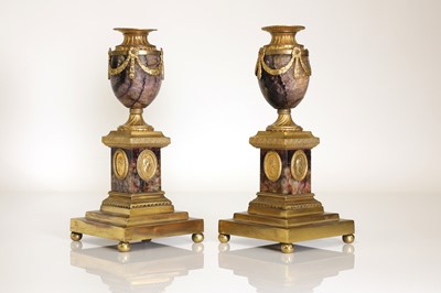 Lot 30 - A pair of George III Derbyshire Blue John and ormolu 'Cleopatra' candle vases