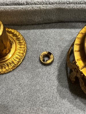 Lot 30 - A pair of George III Derbyshire Blue John and ormolu 'Cleopatra' candle vases