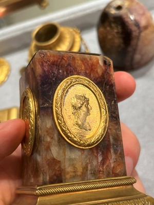 Lot 30 - A pair of George III Derbyshire Blue John and ormolu 'Cleopatra' candle vases