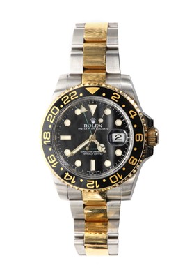 Lot 333 - A gentlemen's stainless steel and 18ct gold Rolex GMT Master II automatic bracelet watch