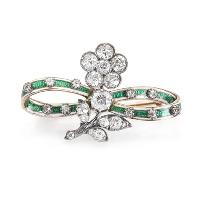 Lot 22 - An antique diamond and enamel flower and ribbon brooch
