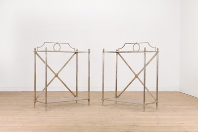 Lot 142 - A pair of modernist metal and glass console tables