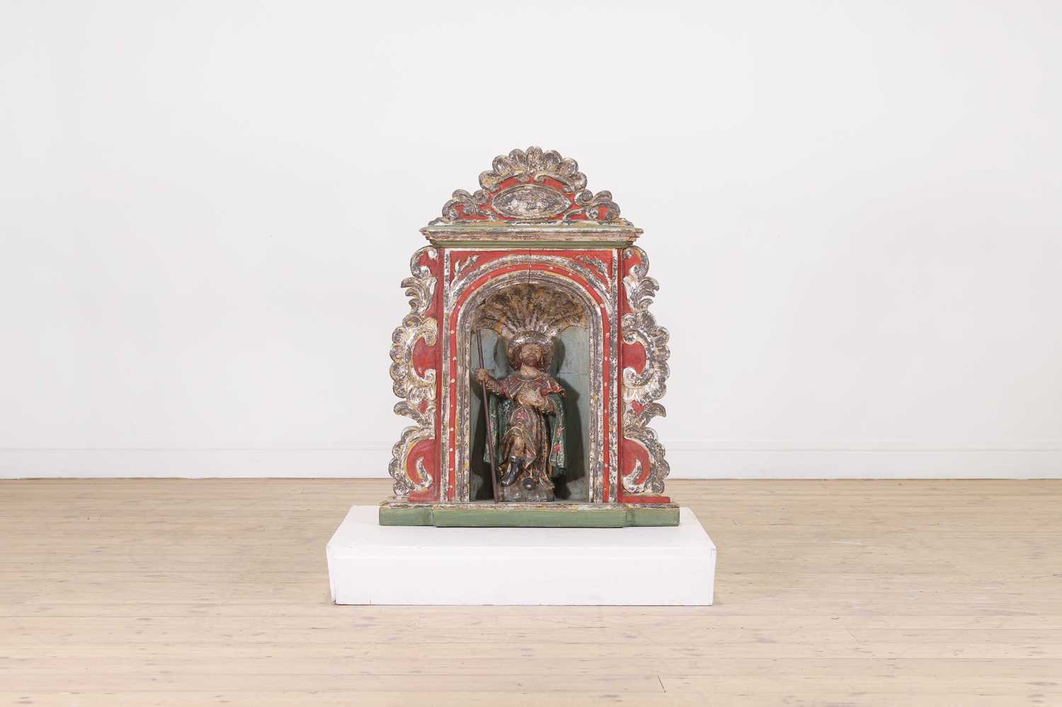 Lot 58 - A carved, painted and silvered-pine architectural niche or tabernacle