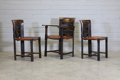 Lot 100 - Three Glasgow School of Arts and Crafts oak and leather chairs