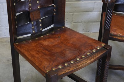Lot 100 - Three Glasgow School of Arts and Crafts oak and leather chairs