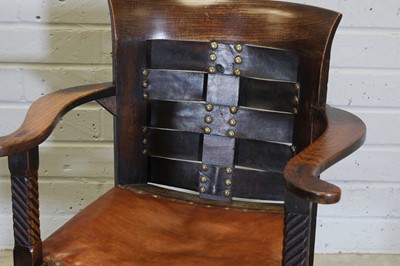 Lot 100 - Three Glasgow School of Arts and Crafts oak and leather chairs
