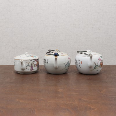 Lot 386 - Three Chinese qianjiang-enamelled teapots