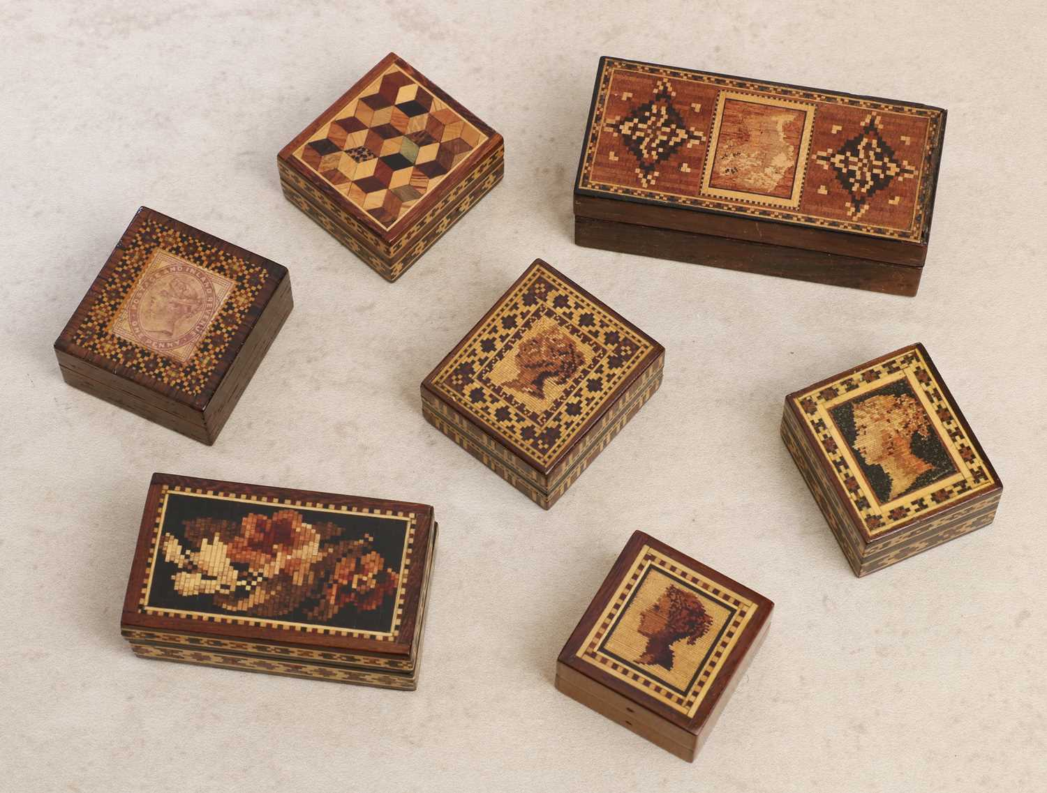 Lot 126 - A group of seven Tunbridge Ware stamp boxes