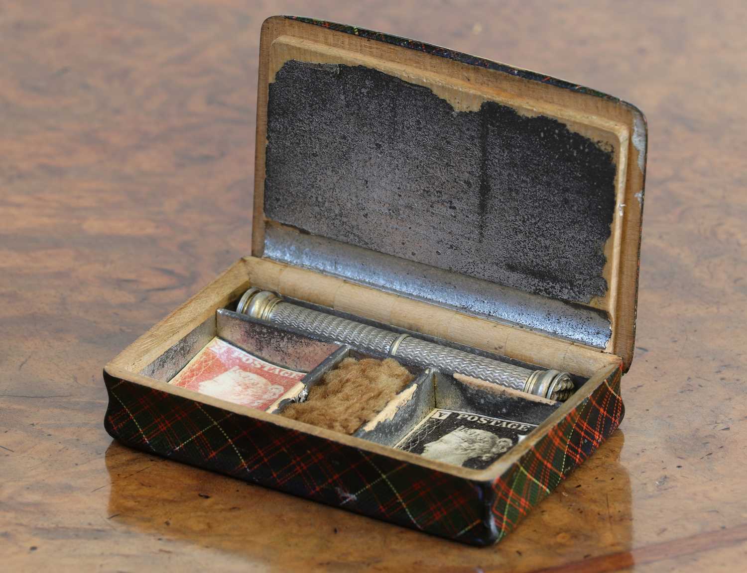 Lot 123 - A Tartan Ware converted stamp box