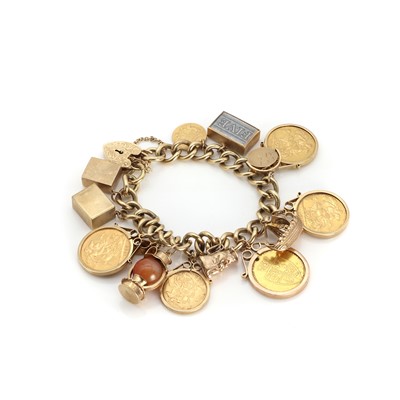 Lot 1410 - A 9ct gold curb link charm bracelet with heart shaped padlock