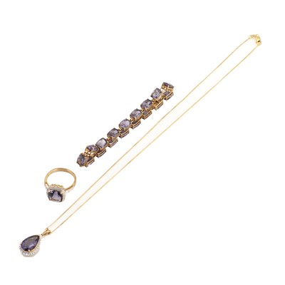 Lot 1175 - A matched suite of gold, iolite and diamond jewellery