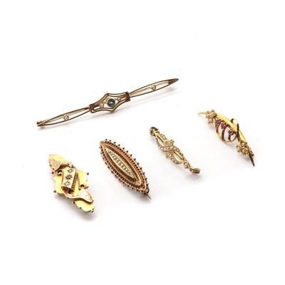 Lot 1295 - Five gold brooches