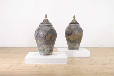 Lot 176 - A pair of painted terracotta urns
