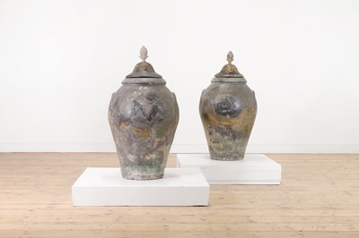 Lot 176 - A pair of painted terracotta urns