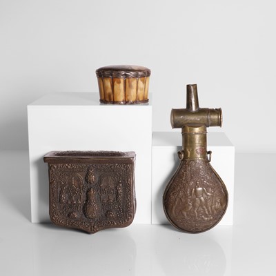 Lot 166 - A pressed horn and brass-mounted powder flask