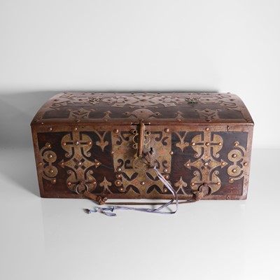 Lot 159 - A brass and copper-bound hardwood coffer or casket