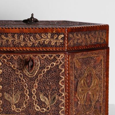 Lot 80 - A George III chequerbanded satinwood and paperwork tea caddy
