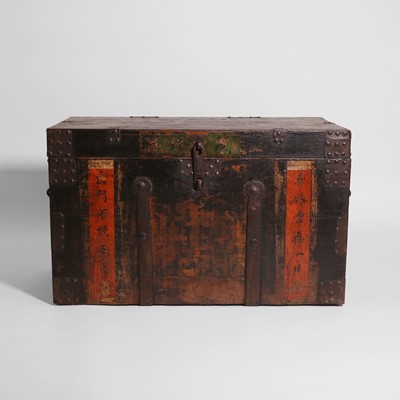 Lot 125 - A painted elm and iron-bound trunk
