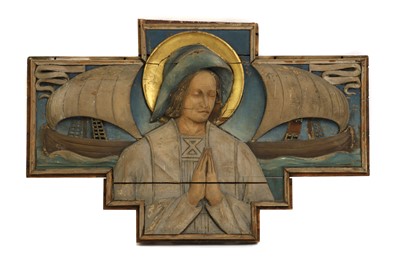 Lot 83 - An Arts & Crafts carved polychrome wooden panel