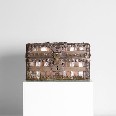 Lot 8 - A brass, tortoiseshell, horn and mother-of-pearl box or casket