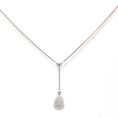 Lot 132 - An 18ct white gold diamond necklace with an egg pendant drop, by Mappin & Webb
