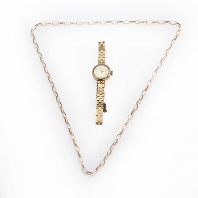 Lot 1459 - A ladies' 9ct gold Majex bracelet watch and 9ct gold belcher link chain