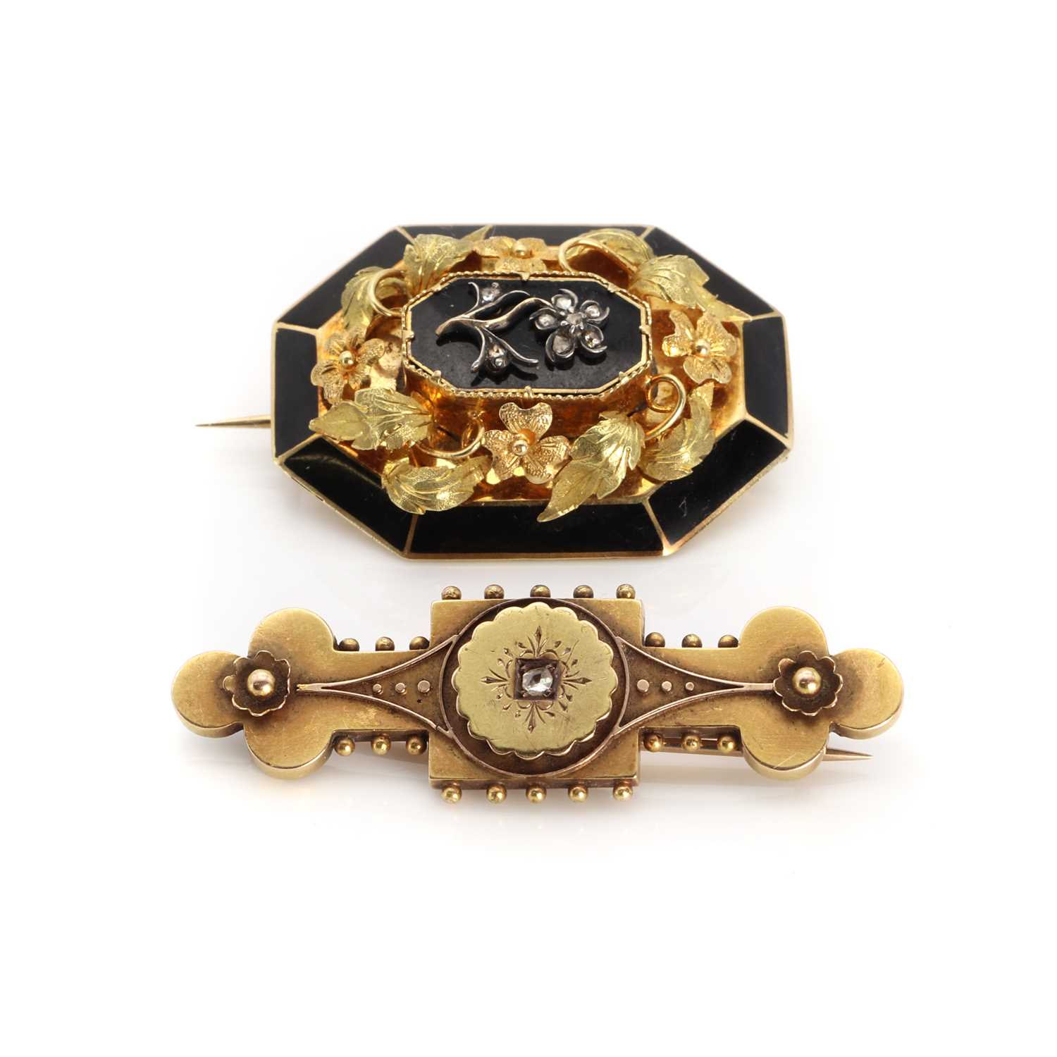 Lot 1011 - A Victorian gold diamond bar brooch and a gold diamond and enamel mourning brooch