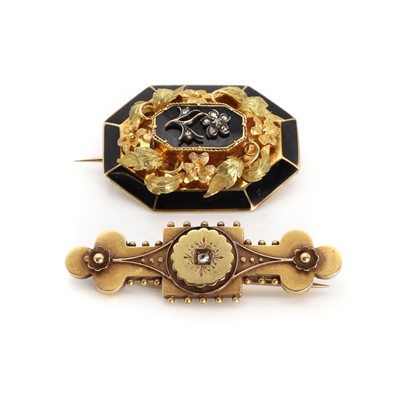 Lot 1011 - A Victorian gold diamond bar brooch and a gold diamond and enamel mourning brooch