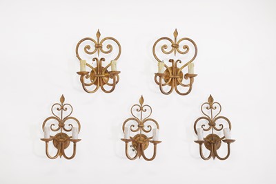 Lot 100 - Five gilt-metal wall lights