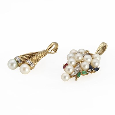 Lot 1265 - Two gold cultured pearl diamond enhancer pendants
