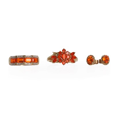 Lot 1273 - Two 9ct gold fire opal rings