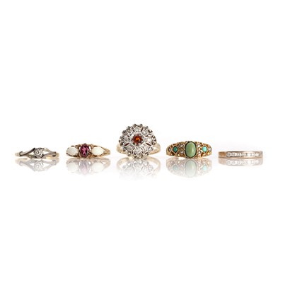 Lot 1296 - Five gold rings with diamonds or coloured gems