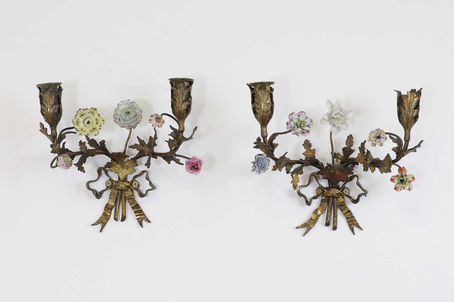 Lot 209 - A pair of Louis XV-style ormolu and porcelain wall lights