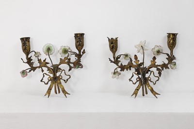 Lot 209 - A pair of Louis XV-style ormolu and porcelain wall lights