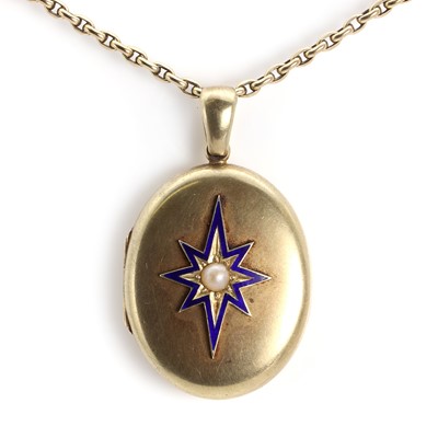 Lot 1014 - A Victorian gold split pearl and champlevé enamel oval locket