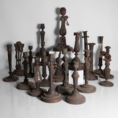 Lot 107 - A collection of bronze, ormolu and glass candlesticks