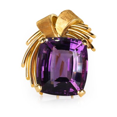 Lot 88 - A large cushion cut amethyst brooch, c.1950