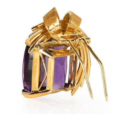 Lot 88 - A large cushion cut amethyst brooch, c.1950