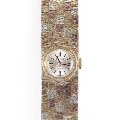 Lot 341 - A 9ct tricolour  gold bracelet watch, c.1968