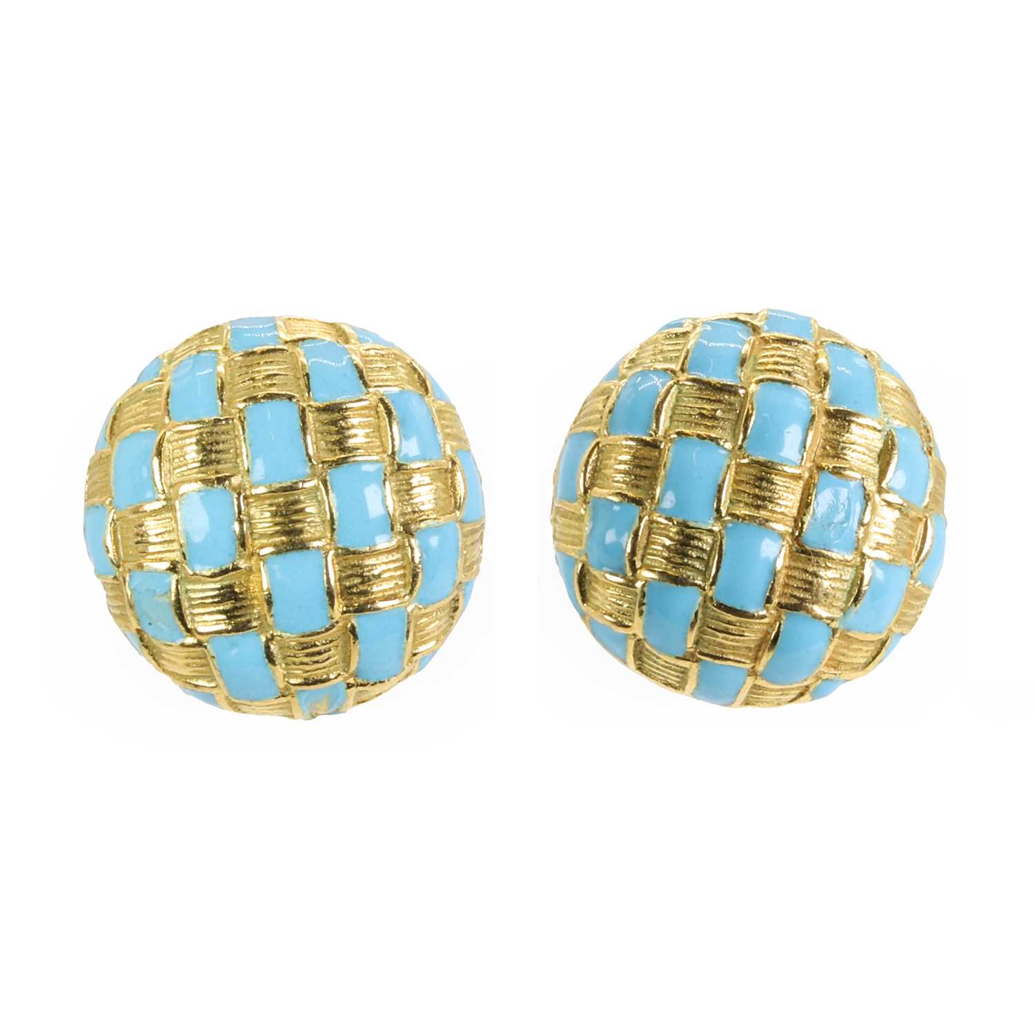 Lot 99 - A boxed pair of 18ct gold and enamel clip earrings, by John Donald