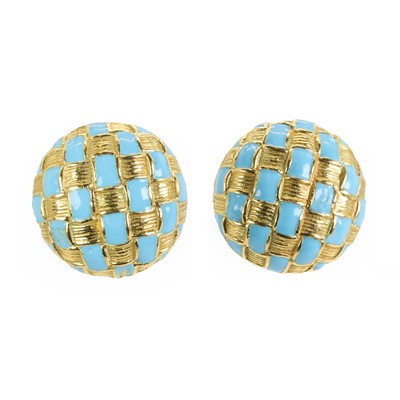 Lot 99 - A boxed pair of 18ct gold and enamel clip earrings, by John Donald